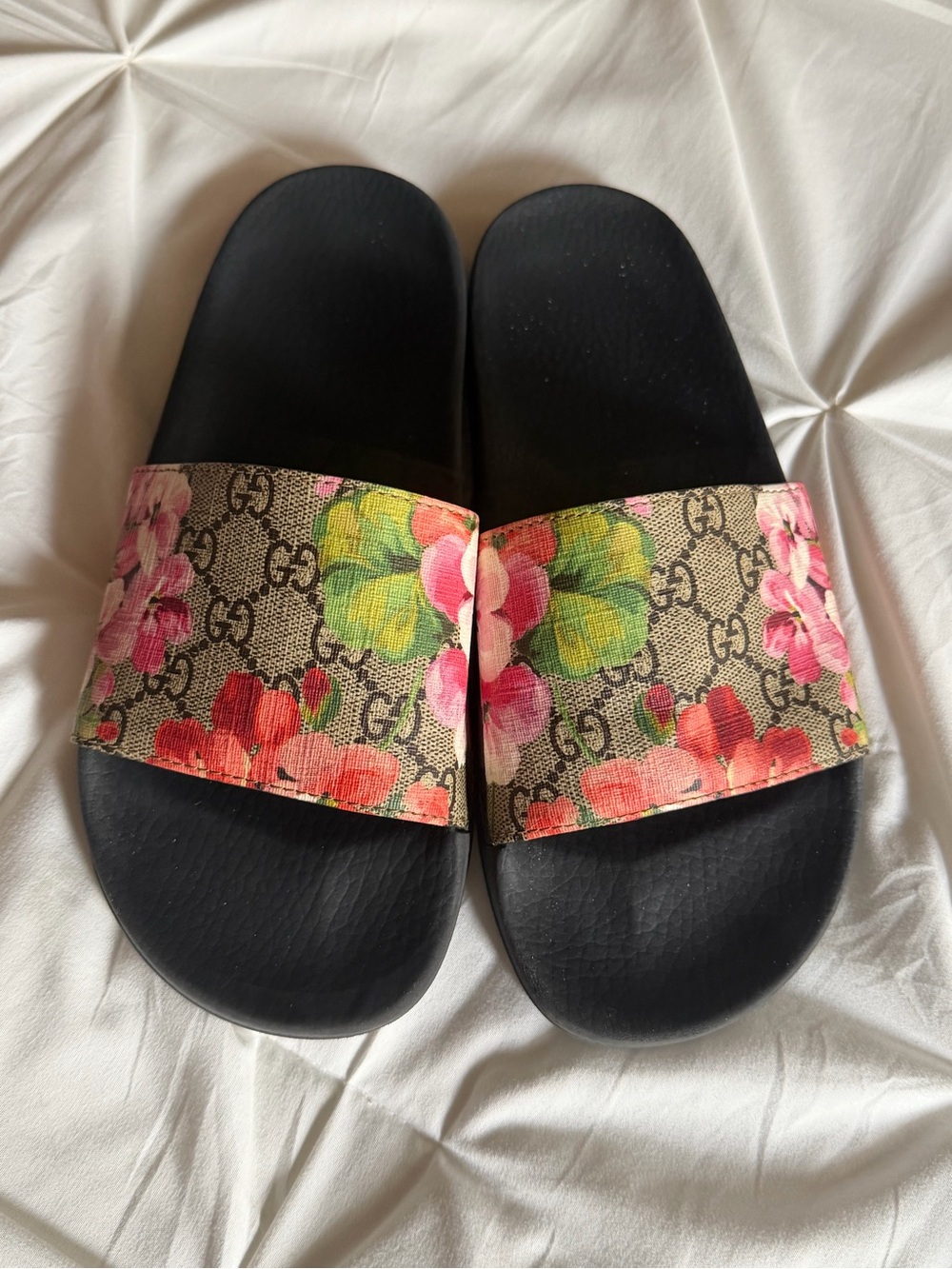 Gucci Floral GG Canvas Slides in Black with Pink and Green Accents